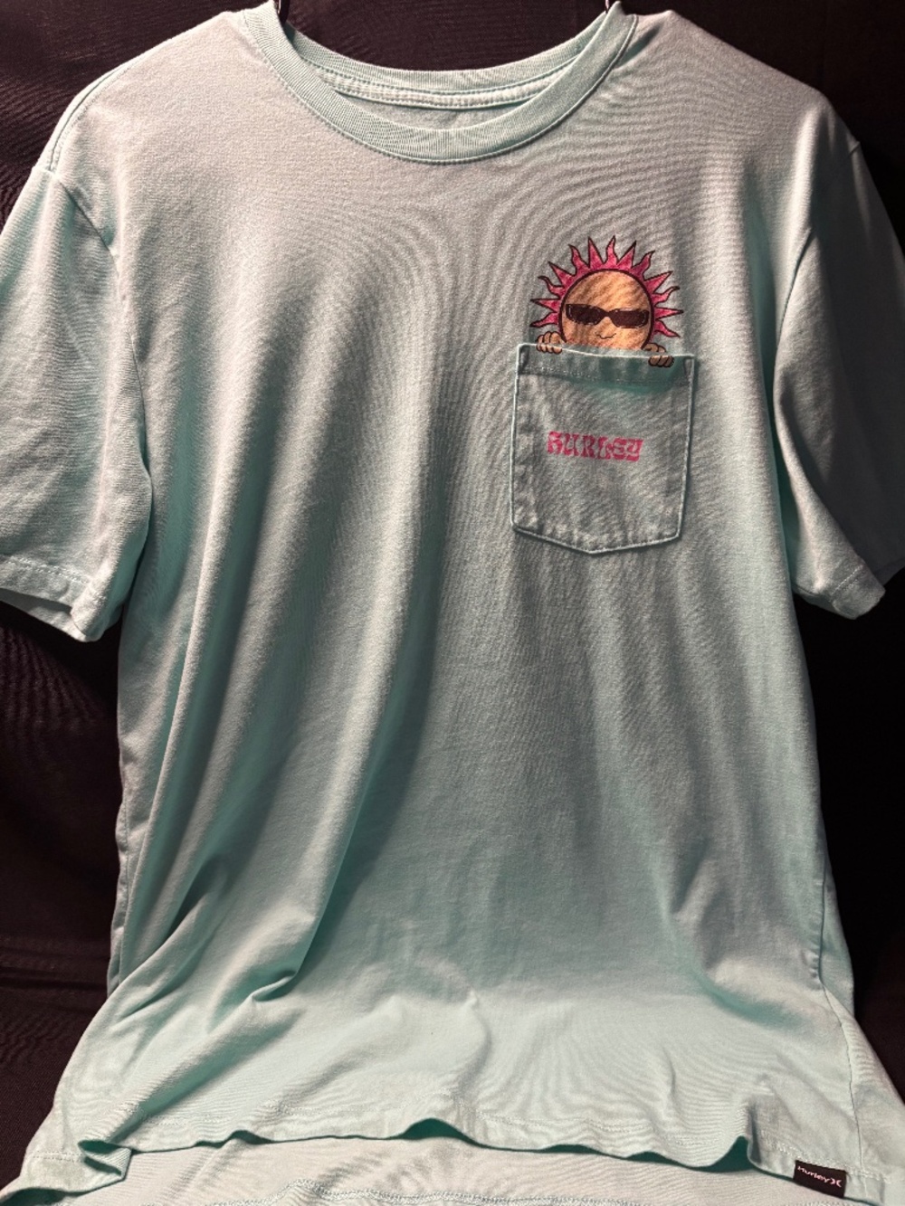 Hurley Men's Small Aqua Pocket T Shirt Sun Sunglasses Graphic Surf Skate Tee.